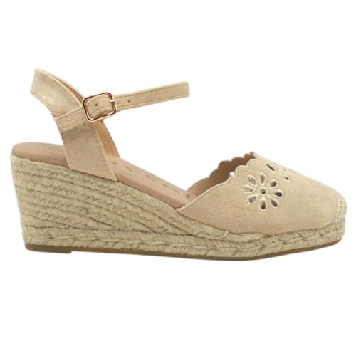 mysoft - 24M112 Espadrillas a zeppa da donna – Spiedini sandali casual in iuta, realizzata in camoscio con ornamenti floreali, zeppa a 5 corde per: donna, Platino, 39 EU