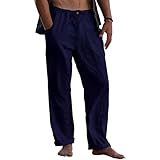 Pantalon Lino Hombre Pantalones Largos Verano Hombre Ligero Frescos Casual Lino Algodón Pantalon Cintura Elástica y Cordón con Bolsillos Azul Oscuro M