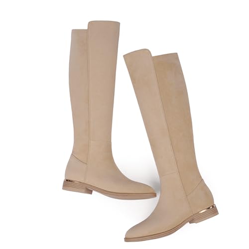 Image of Modatope Rounded Toe Flat Stretchy Dress Knee High Boots Side Zipper | Suede Elastic Fall Winter Boots, Low Chunky Block Heel Riding Boots,2026 Fashion Womens Tall Long Boots