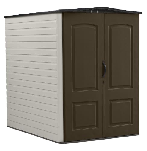 Image of Rubbermaid Large Vertical Resin Outdoor Storage Shed With Floor (5 x 6 Ft), Weather Resistant, Brown, Organization for Home /Backyard /Garden Tools /Lawn Mower /Bike Storage /Pool Supplies