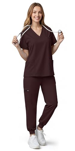 Sumincarly Scrubs for Women Set - Scrub Sets for Woman,V-Neck Top & Jogger Pants - 8 Pockets,Medical Workwear for Nurses，Scrub Uniform,Brown Scrubs Sets for Women,Uniformes De Enfermeras De Mujer