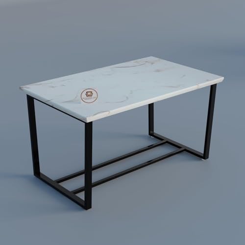 Image of Premium Wooden Dining Table 6 Seater | Marble Epoxy Finish Six Seater Dinning Table Set with 6 Upholstered Leatherette Dining Chairs & Metal Legs | Table Top: Premium HDMR Wood, Cream