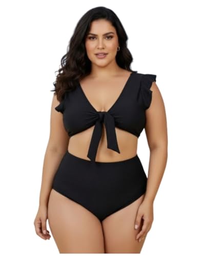 Biquíni Plus Size Feminino Preto com Duas Formas de Uso – Top com ou sem Laço, Calcinha Alta, Moda Praia Confortável