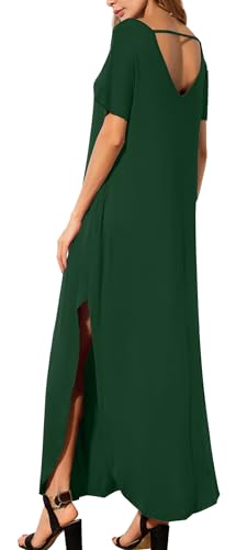 Image of GRECERELLE Women's Summer Maxi Dress Casual Loose V Neck Short Sleeve Side Split Long Dresses with Functional Pockets