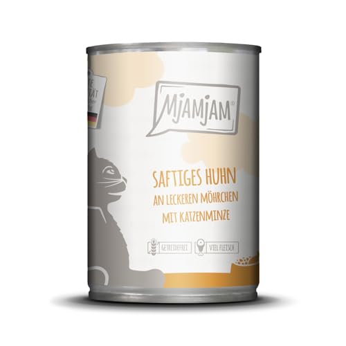 MjAMjAM - Premium Nassfutter für Katzen - saftiges Huhn an leckeren Möhrchen, 1er Pack (1 x 400 g), getreidefrei mit extra viel Fleisch