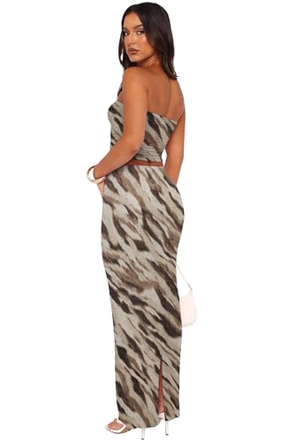 Image of Two Piece Dress Outfits for Women Sleeveless Tube Tops Bodycon Maxi Dress Summer Strapless Crop Top Sexy Suits Set
