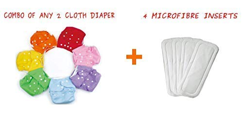 Image of Chinmay Kids Baby's All in One Washable Reusable Adjustable Cloth 2 Diapers with 4 Inserts (Multi Colour, 0-24 months)