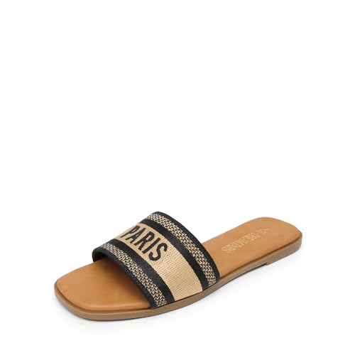 DREAM PAIRS Women's Flat Sandals Slip On Slides Sandals Square Open Toe Jacquard Braided Fashion Slides Casual Beach Slippers for Summer 10 Black