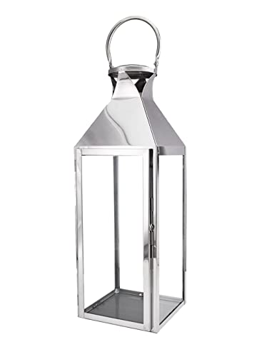 Serene Spaces Living Large Silver Square Glass & Metal Lantern, Modern Crown Top Stainless Steel Candle Holder, Wedding Aisle, Holiday, Party Decor, Table Centerpiece, 7.5" Diameter & 20.75" Tall #TOP21