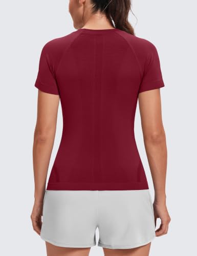 Image of MathCat Seamless Short Sleeve Workout Tops for Women | Breathable, Moisture-Wick, Soft, High Stretch, Chafe-Free, Waist Length, Slim Fit, Athletic T-Shirt