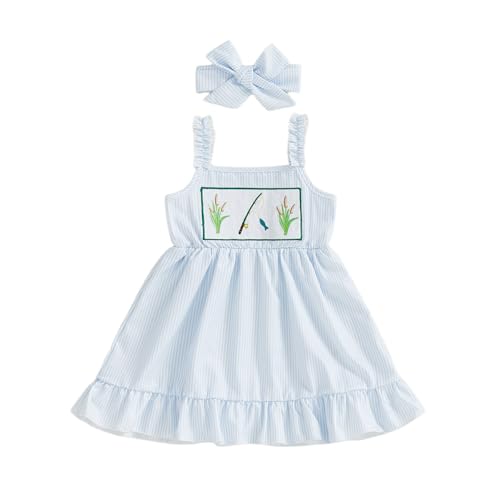 Image of Amnnchya Toddler Baby Girl Dress Fish Sleeveless Stripes Ruffle Dresses Little Girls Summer Clothes Cute Kids Fishing Outfit
