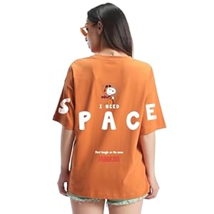 Bewakoof Official Peanuts Merchandise Women’s Graphic Print Oversized Fit Half Sleeve Round Neck Cotton T-Shirt