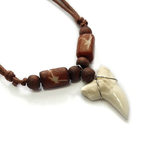 Genuine Mako Shark Tooth Pendant Surfer Wooden Beads Cord Necklace For Men Women Ba371 #TOP3