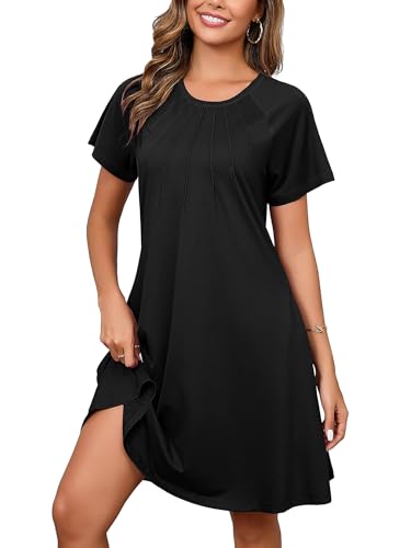 Heymoments Women's Short Sleeve Crew Neck Summer Dresses Black Small Comfy Swing Dress Casual T-Shirt Loose Midi Vacation Teacher Sundress with Pockets