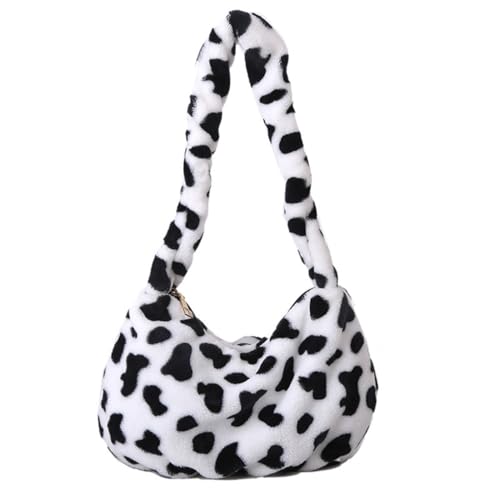 PRETYZOOM Plush Shoulder Bag Cow Print Handbag Women Plush Tote Bag Winter Soft Casual Fluffy Female Handbag Style 1