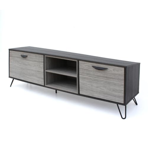 Image of Flux Engineered Wood TV Cabinet & Entertainment Unit | Modern TV Stand with 2 Storage Cabinets & Open Media Shelves | Media Console for Living Room | Hairpin Legs | Grey & Charcoal Finish