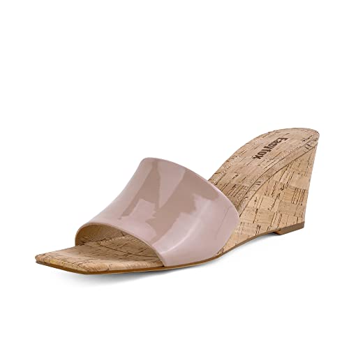 Easyfox Wedge Sandals for Women Open Toe Wedge Heels Womens High Heel Sandal Square Toe Heeled Wedge Sandals Wood Grain Slip on Wedge Mules