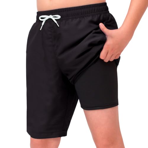 MEILONGER Boys Swim Trunks 2-in-1 Quick-Dry Board Shorts with Compression Liner & Adjustable Drawstring – Black, Ages 14-16