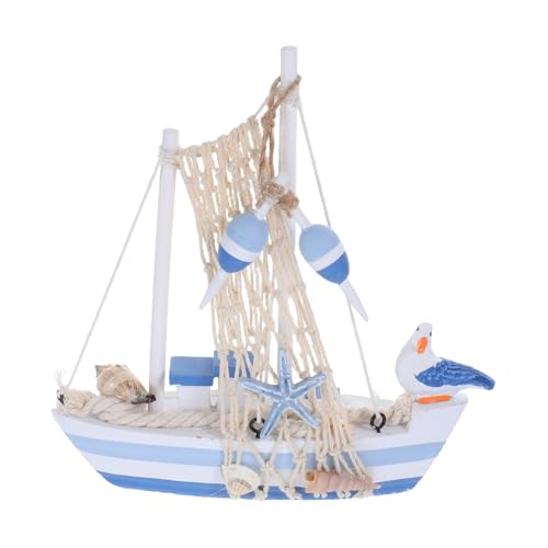 Vaguelly Mediterranean Wooden Sailboat Model Nautical Decor with Seabird Design Hand Carved Craftsmanship for Desktop Decoration and Office Ambiance