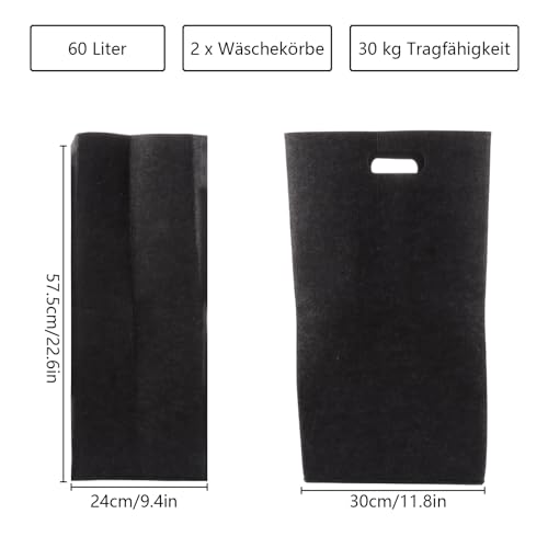 2 Stück Wäschekorb 60L Filz Schmaler Wäschesammler Schmal Wäschekorb Filz Groß Waschbehälter Dunkelgrau Faltbar Aufbewahrungskorb Wäschekorb für Schlafzimmer, Badezimmer