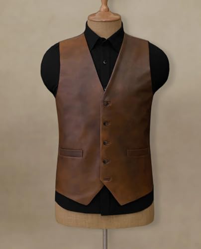 VENNYNG Men's Herringbone 3-Piece Suit Vintage Tweed Blazer Pants with PU Leather Vest for Wedding Groom Formal4