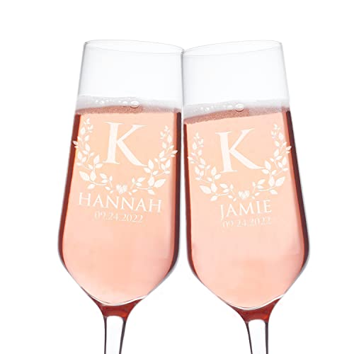Set of 2 Personalized Wedding Champagne Flute Glasses Customized Wedding Champagne Glasses for Bride and Groom Names and Date With Leaves and Heart Mr Mrs Celebration Champaign Flute Set C4