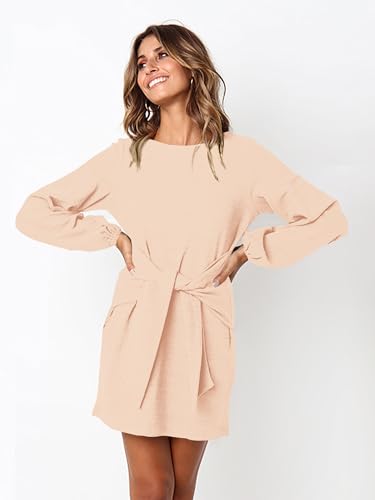 Image of PRETTYGARDEN Womens Spring Elegant Long Lantern Sleeve Short Dress Wedding Guest Crewneck Tie Waist Knit Cocktail Dresses