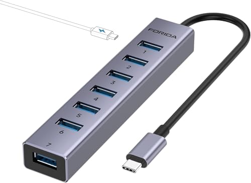 FORIDA 8-Port USBC Hub mit 7 USBA 3.0 Datenanschl&uuml;ssen mit 5Gbps, 25cm Kabel USB C Splitter Adapter mit 5V / 3A Type-C Port, Aluminium USB C Verteiler f&uuml;r PCs, Laptops