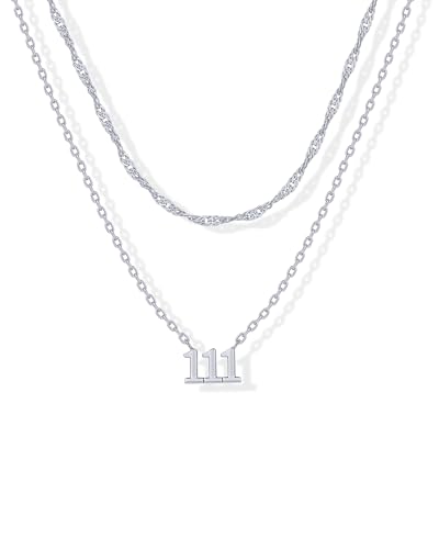 PAVOI Rhodium Plated Angel Number Pendant Layering Necklace for Women | 111 Lucky Numerology Singapore Chain Necklace