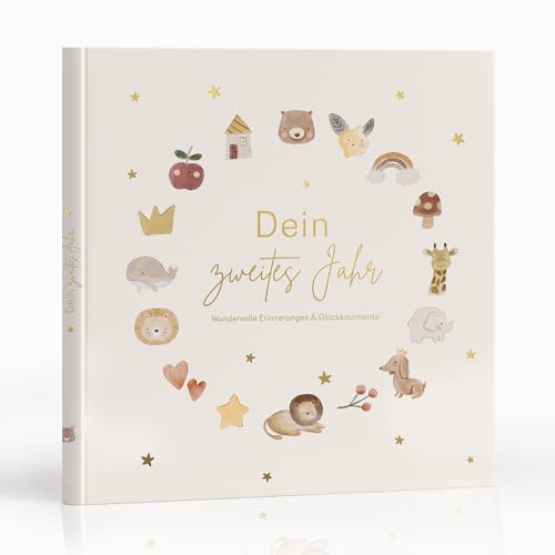 MeinBaby123® Babyalbum Dein 2tes Jahr hochwertig vergoldet | Geschenk erster Geburtstag | Geschenkt 1. Geburtstag | Meilensteine im zweiten Lebensjahr (beige)