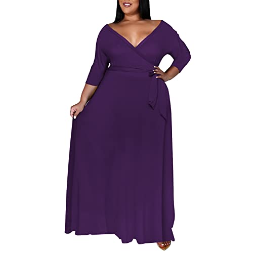 Image of Runwind Plus Size Dresses for Women Floral Maxi Dress Flowy 3 /4 Sleeve with Belt