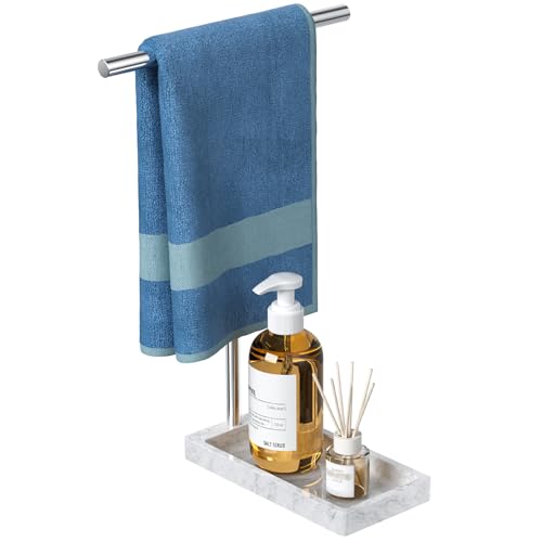 Volnamal Hand Towel Holder for Bathroom 2-in-1 T-Shape Towel Stand with Countertop Tray Hand Towel Rack Standing for Counter Top Vanity Kitchen Heavy Non-Tipping Holder - Silver
