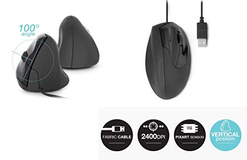 Urban Factory Souris Ergonomique Filaire Droitier - Design Vertical Prévention Epicondylite, 800 à 2400 DPI Réglable, Cable en Tissu Résistant 1.5m, 3 Boutons, Capteur Optique Ultra Performant Pixart