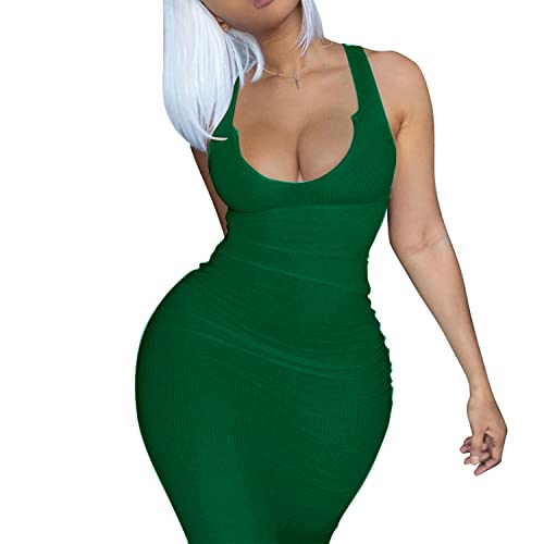 Image of Women Bodycon Maxi Tank Dress, Sexy Deep U Neck Ribbed Solid Color Party Wrap Long Dresses