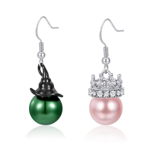 INLOLLY Witch Movie Inspired Green&Pink Pearl Earrings Classical Witch Hat Crown Earrings for Fans Pearl Jewelry for Women Witch Merch Accessories Gifts