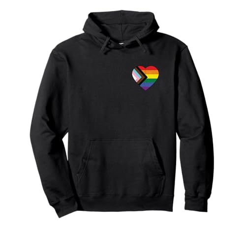 Progress Pride Flag Vintage Rainbow Heart Love LGBT Pocket Pullover Hoodie
