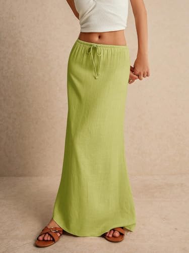 EARKOHA 2025 Women's Summer Maxi Skirt Drawstring Low Waist A Line Linen Long Flowy Skirts Lime Green XS3