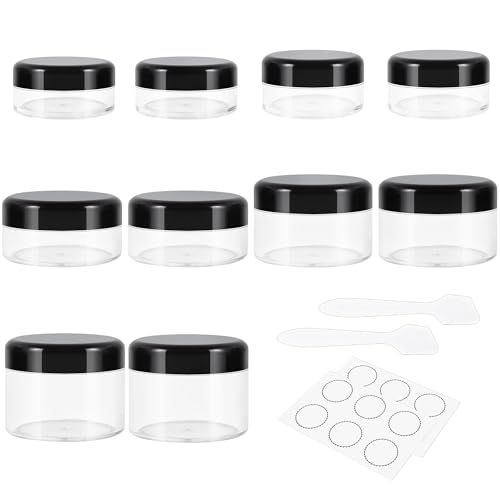 10 Pieces Small Travel Containers, 3/5/10/15/20 Gram Size for Creams, Sample With Screw Lids, 12Pcs Labels/2Pcs Mini Spatulas, Plastic Makeup (Black)