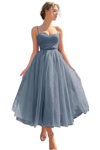 Image of A line Ruched Tulle Prom Dress Spaghetti Straps for Women, Tea Length Sweetheart Homecoming Dress Cocktail Dress