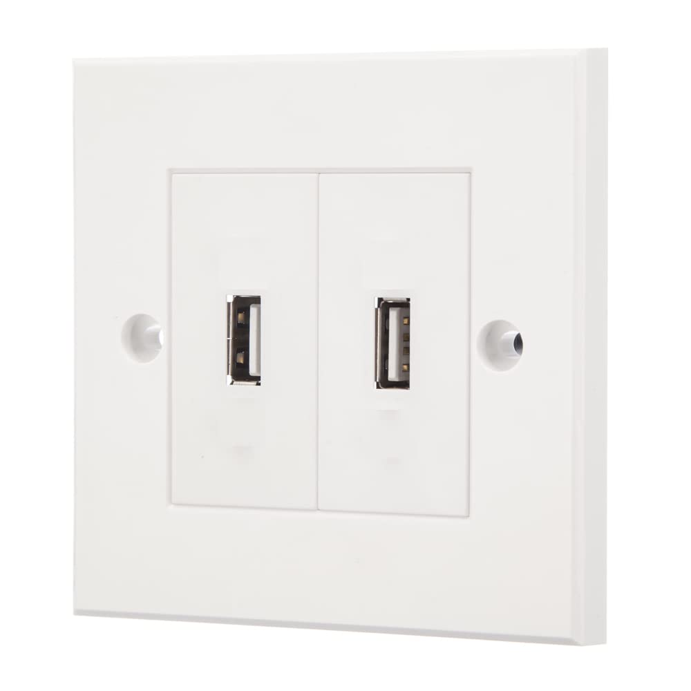 Twin USB 2.0 Type-A Wall Plate Faceplate – 2 x USB-A Female Sockets with 20cm Leads – Single Gang UK Extension Outlet