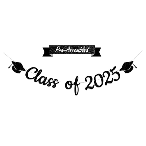 Pre-Assembled Class of 2025 Banner Graduation Decorations Congratulations on High School and College Graduation, Classroom Celebrations, Glitter Banners, Family Class Party Walls Decorations(black)