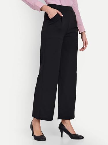 Image of Broadstar Women Black High-Rise Stretchable Wide Leg Trousers| Loose Fit|Comfort Fit| Women Formal Trousers