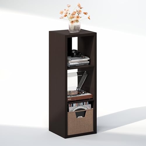 Image of Furinno Cubicle Record Player Stand, 3-Cube Record Storage, Dark Oak | Vinyl Storage, 1.2 inchInch Extra Thick, Open Back Media Shelf for CD DVD Bluray Game Disc, for Living Room, Home Office