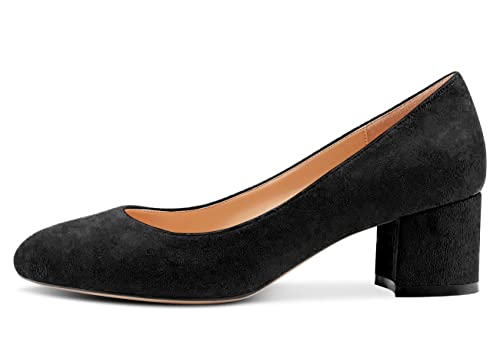 Aachcol Women Chunky Block Mid Low Heel Pumps Slip-on Round Toe Dress Shoes Office Party Wedding Suede 2 Inch2