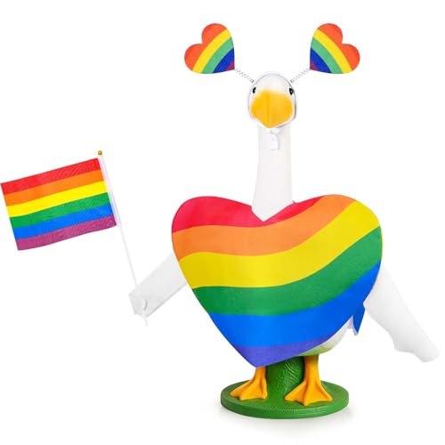 JcHrmers Pride Month Goose Outfit Set - Rainbow Heart Costume with Headband & LGBTQ Flag for 23 Inch Porch Goose for Outdoor Lawn Yard Garden Happy Pride Yard Decor