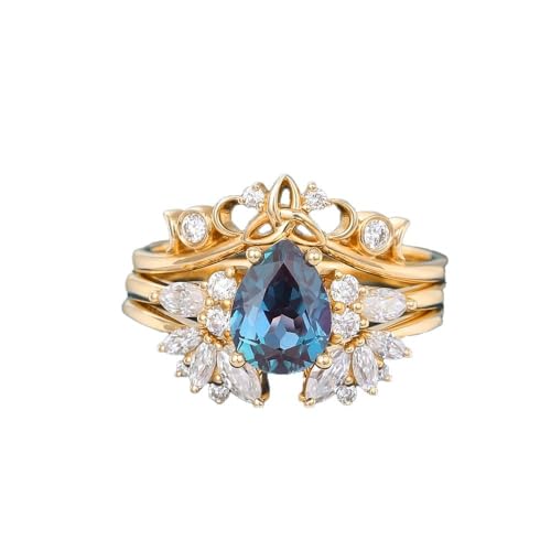 3Pcs Alexandrite Ring Set for Women,925 Sterling Silver Oval Cut Alexandrite Wedding Ring Set with Moissanite Gemstone Ring Set for Wife Wedding Promise Ring