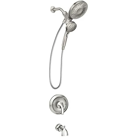 Moen Engage Magnetix Spot Resist Brushed Nickel Multi-Function Handshower and Rainfall Shower Head Trim Combo with Shower Handle, Tub Spout, Metal Hose and Valve, 82304SRN Cover