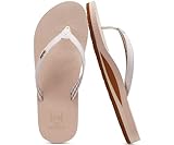 KuaiLu Womens Arch Support Flip Flops Comfortable Yoga Mat Slip on Leather Walking Thong Cushion Sandals Summer Beach Orthotic Slides Travel Essentials Indoor Outdoor Slippers Shoes Beige Size 9.5