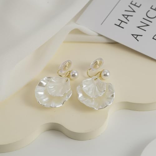 Clip on Earrings Women Seashell Pearl Clip-On Earrings Non-Piercing Beach Jewelry Set Lightweight Summer Accessories for Dresses Outfit4
