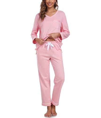 ANLIQI 100% Cotton Pajamas Womens Long Sleeve Pajama Sets 2 Piece Lounge Sets Sleepwear V Neck Top and Pant Fall(Pink,S)